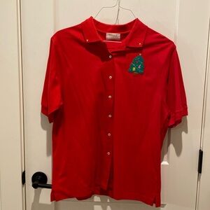 Dena K Button Up Christmas Polo Shirt.  Has Christmas Tree Design on Left Front.